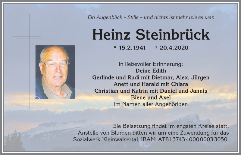  Traueranzeige für Heinz Steinbrück vom 24.04.2020 aus Allgäuer Anzeigeblatt