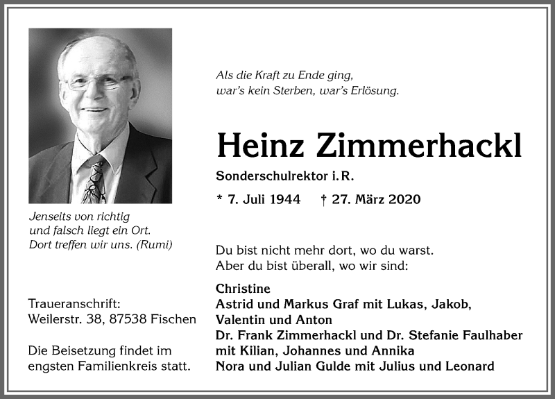 Traueranzeige für Heinz Zimmerhackl vom 01.04.2020 aus Allgäuer Zeitung
