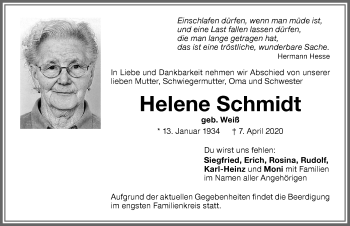 Traueranzeige von Helene Schmidt von Memminger Zeitung