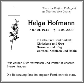 Traueranzeige von Helga Hofmann von Allgäuer Anzeigeblatt