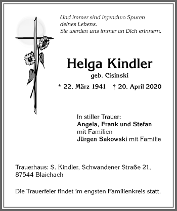 Traueranzeige von Helga Kindler von Allgäuer Anzeigeblatt