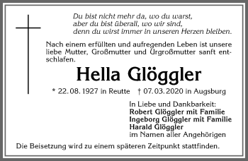 Traueranzeige von Hella Glöggler von Allgäuer Zeitung, Füssen