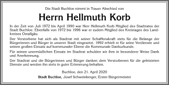 Traueranzeige von Hellmuth Korb von Allgäuer Zeitung, Kaufbeuren/Buchloe