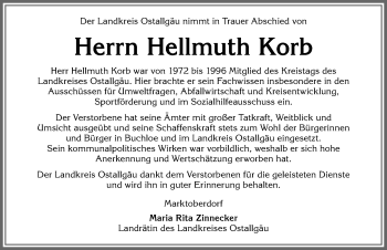 Traueranzeige von Hellmuth Korb von Allgäuer Zeitung