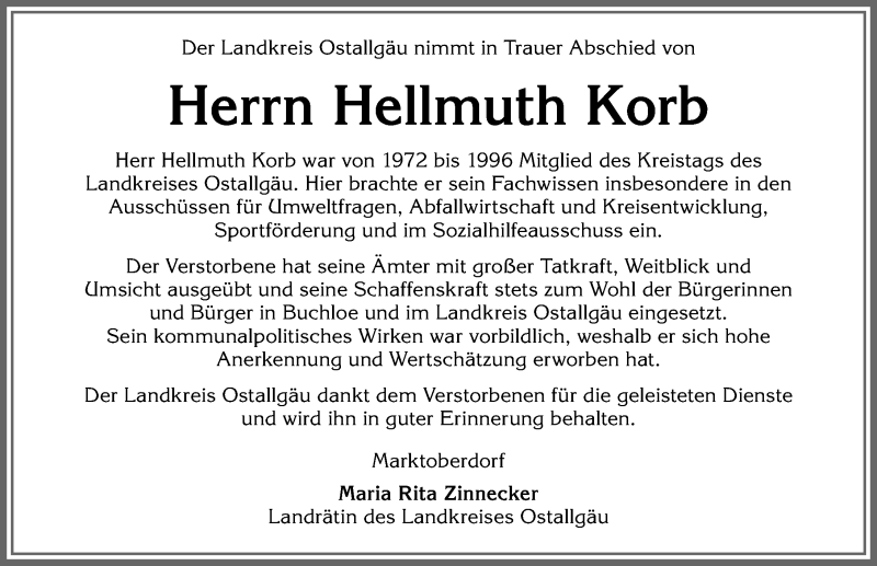  Traueranzeige für Hellmuth Korb vom 18.04.2020 aus Allgäuer Zeitung