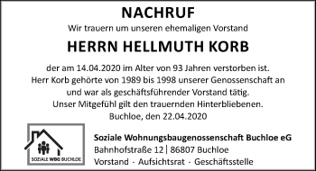 Traueranzeige von Hellmuth Korb von Allgäuer Zeitung, Kaufbeuren/Buchloe