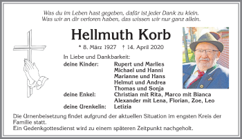 Traueranzeige von Hellmuth Korb von Allgäuer Zeitung, Kaufbeuren/Buchloe