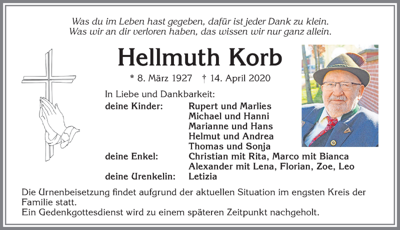  Traueranzeige für Hellmuth Korb vom 17.04.2020 aus Allgäuer Zeitung, Kaufbeuren/Buchloe
