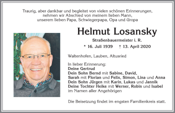 Traueranzeige von Helmut Losansky von Allgäuer Zeitung,Kempten