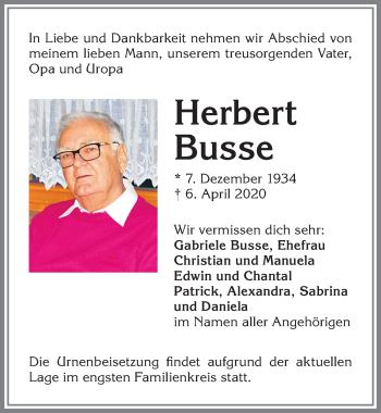 Traueranzeige von Herbert Busse von Allgäuer Zeitung,Kempten
