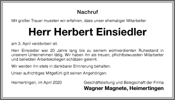 Traueranzeige von Herbert Einsiedler von Memminger Zeitung