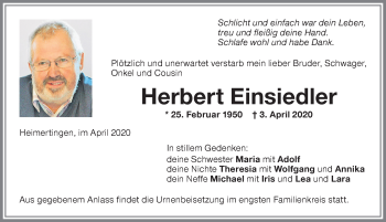 Traueranzeige von Herbert Einsiedler von Memminger Zeitung