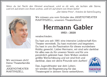 Traueranzeige von Hermann Gabler von Allgäuer Zeitung