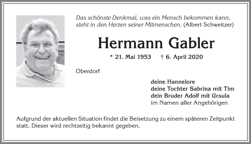  Traueranzeige für Hermann Gabler vom 08.04.2020 aus Allgäuer Anzeigeblatt