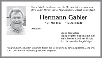 Traueranzeige von Hermann Gabler von Allgäuer Anzeigeblatt