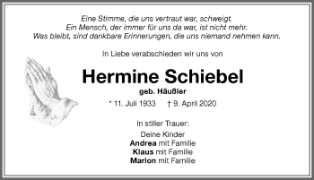 Traueranzeige von Hermine Schiebel von Memminger Zeitung