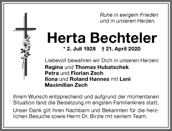 Traueranzeige von Herta Bechteler von Memminger Zeitung