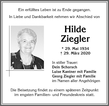 Traueranzeige von Hilde Ziegler von Allgäuer Zeitung,Kempten