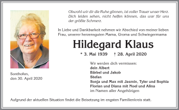 Traueranzeige von Hildegard Klaus von Allgäuer Anzeigeblatt