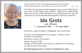 Traueranzeige von Ida Grotz von Allgäuer Zeitung,Kempten