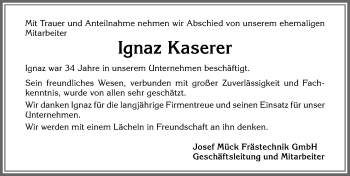 Traueranzeige von Ignaz Kaserer von Allgäuer Zeitung, Füssen