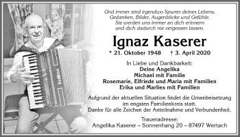 Traueranzeige von Ignaz Kaserer von Allgäuer Anzeigeblatt