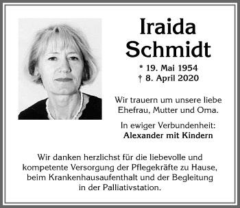 Traueranzeige von Iraida Schmidt von Allgäuer Zeitung,Kempten