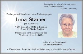 Traueranzeige von Irma Stamer von Allgäuer Zeitung