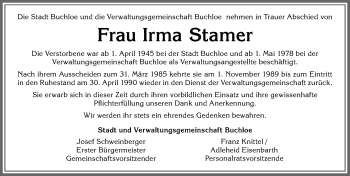 Traueranzeige von Irma Stamer von Allgäuer Zeitung, Kaufbeuren/Buchloe