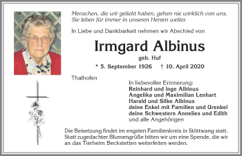 Traueranzeige von Irmgard Albinus von Allgäuer Zeitung, Kaufbeuren/Buchloe