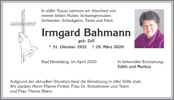 Traueranzeige von Irmgard Bahmann von Allgäuer Anzeigeblatt