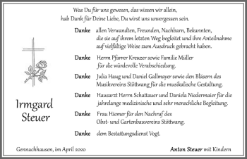 Traueranzeige von Irmgard Steuer von Allgäuer Zeitung, Kaufbeuren/Buchloe