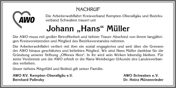 Traueranzeige von JOhann Müller von Allgäuer Zeitung,Kempten