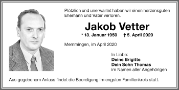 Traueranzeige von Jakob Vetter von Memminger Zeitung