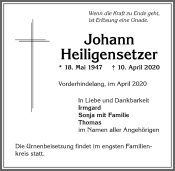 Traueranzeige von Johann Heiligensetzer von Allgäuer Zeitung