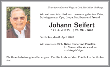 Traueranzeige von Johann Seifert von Allgäuer Anzeigeblatt