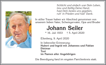 Traueranzeige von Johann Seiler von Allgäuer Zeitung,Kempten