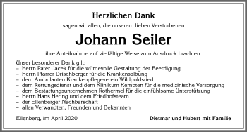 Traueranzeige von Johann Seiler von Allgäuer Zeitung,Kempten
