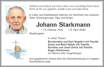 Traueranzeige von Johann Starkmann von Allgäuer Zeitung, Kaufbeuren/Buchloe