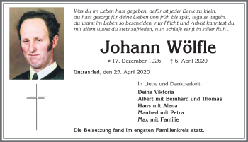 Traueranzeige von Johann Wölfle von Allgäuer Zeitung, Marktoberdorf