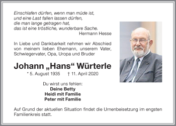 Traueranzeige von Johann Würterle von Memminger Zeitung