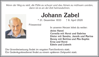 Traueranzeige von Johann Zabel von Allgäuer Zeitung, Marktoberdorf