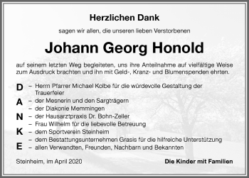 Traueranzeige von Johann Georg Honold von Memminger Zeitung