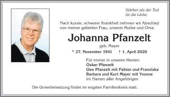 Traueranzeige von Johanna Pfanzelt von Allgäuer Zeitung, Kaufbeuren/Buchloe
