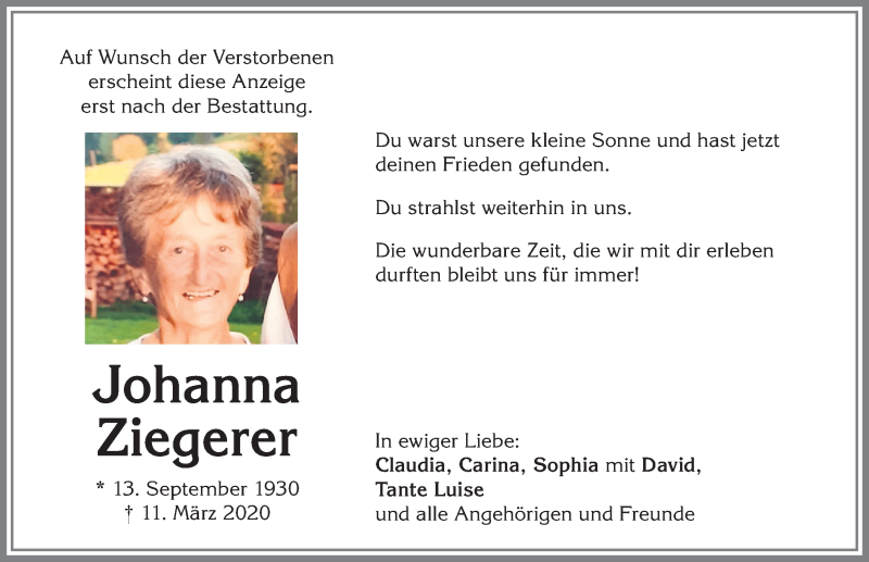  Traueranzeige für Johanna Ziegerer vom 02.04.2020 aus Allgäuer Zeitung,Kempten