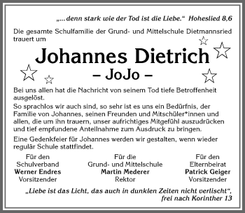 Traueranzeige von Johannes Dietrich von Allgäuer Zeitung,Kempten