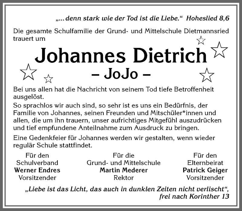  Traueranzeige für Johannes Dietrich vom 02.04.2020 aus Allgäuer Zeitung,Kempten