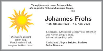 Traueranzeige von Johannes Frohs von Allgäuer Zeitung, Kaufbeuren/Buchloe