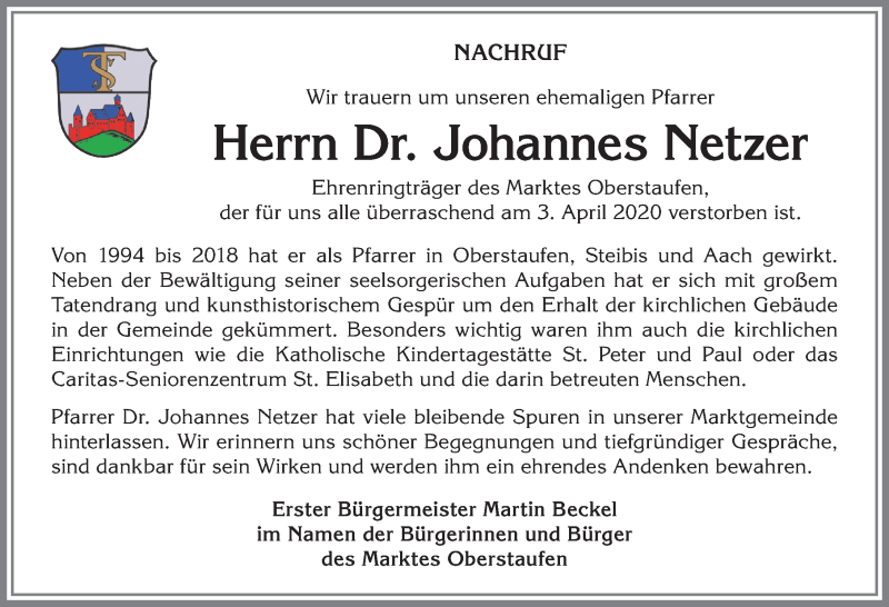  Traueranzeige für Johannes Netzer vom 08.04.2020 aus Allgäuer Zeitung