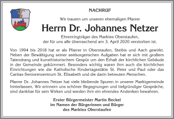 Traueranzeige von Johannes Netzer von Allgäuer Zeitung
